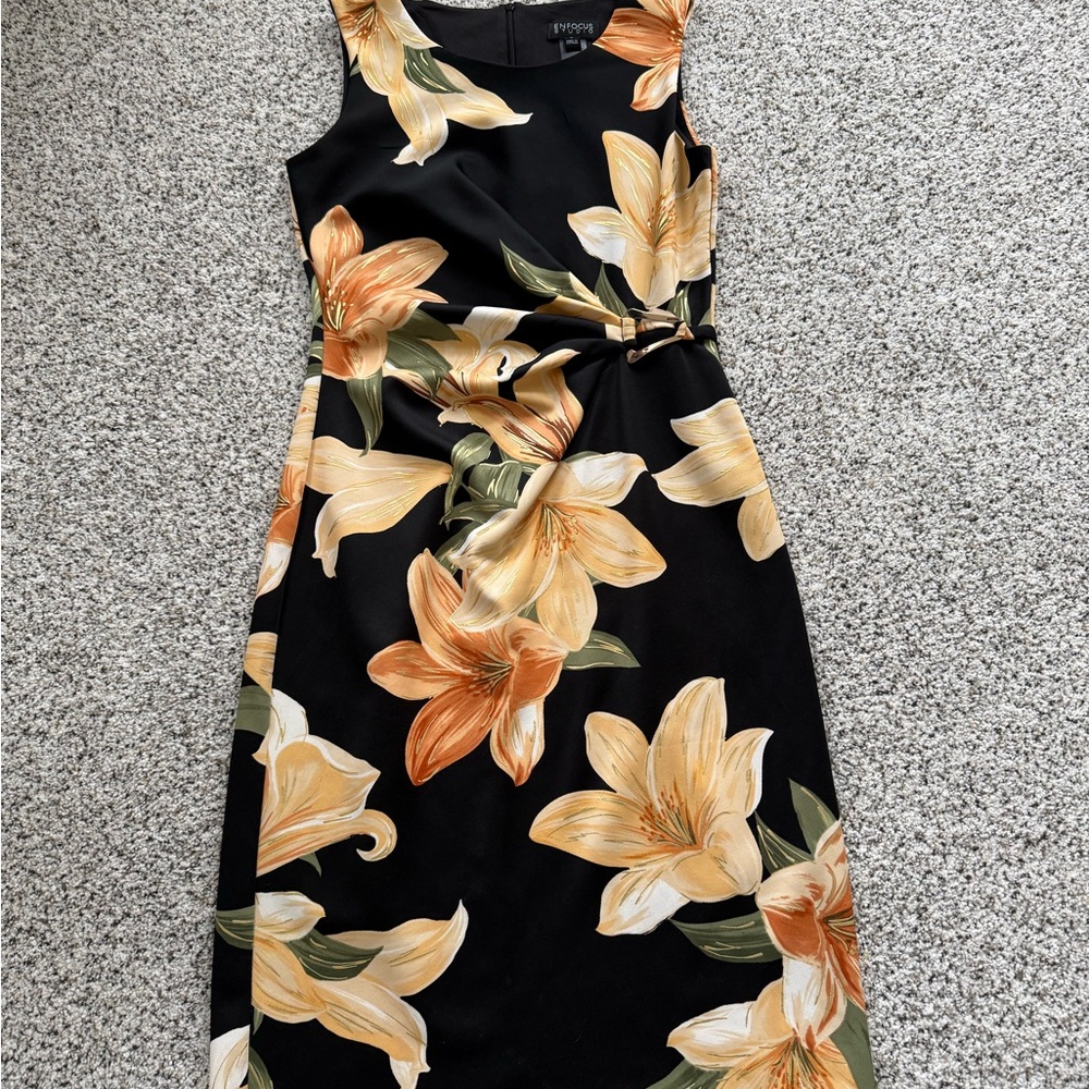 Enfocus Studio Black Midi Dress with Yellow & Orange Floral Print